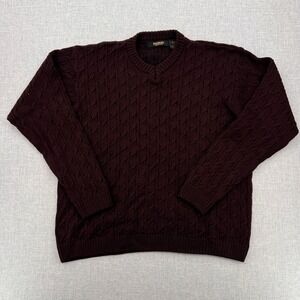 Bachrach Italy Cable Knit Fisherman Sweater Men Large Burgundy Wool Blend V Neck